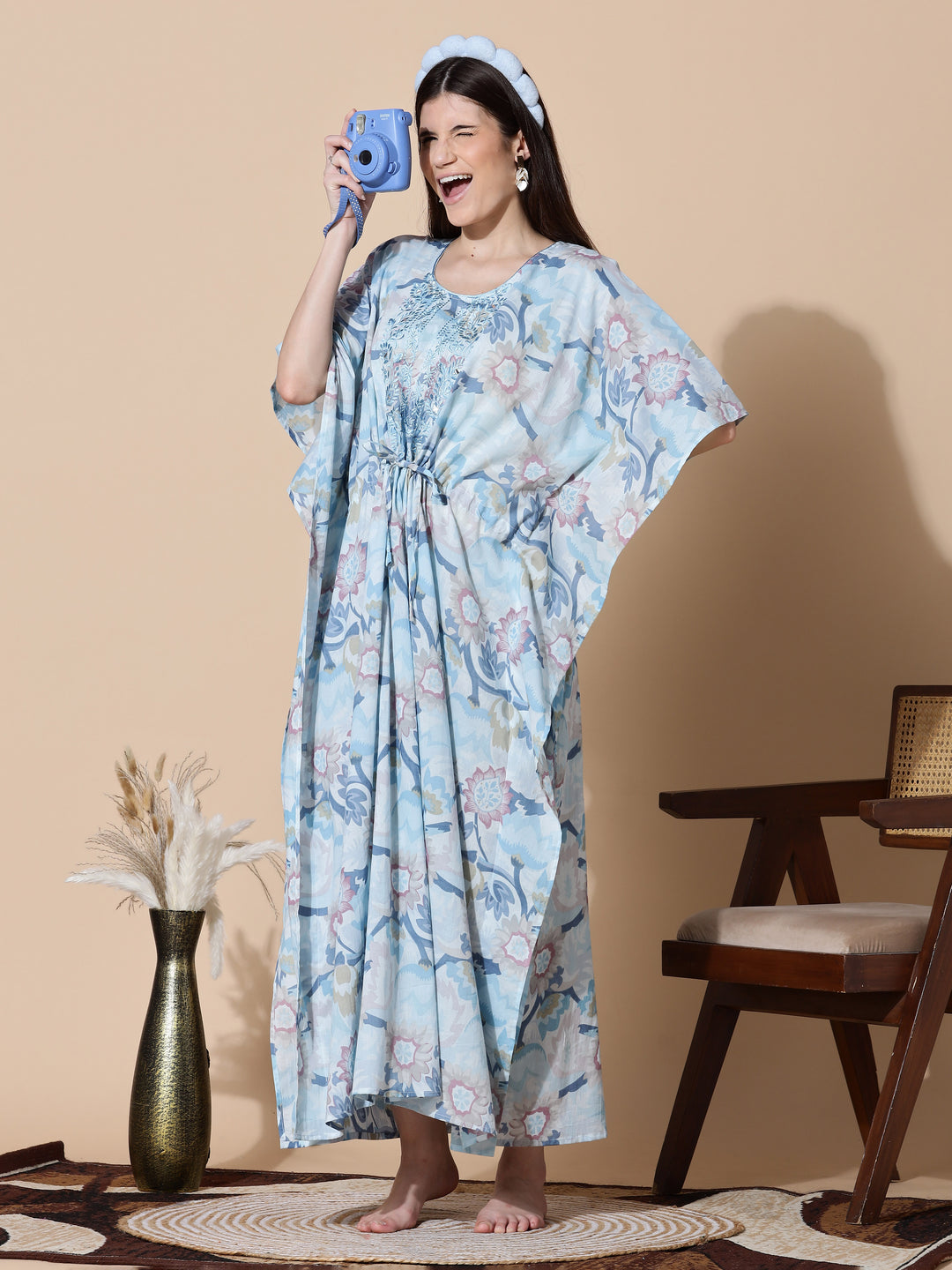 Ice Blue Cotton Kaftan Nighty For Women