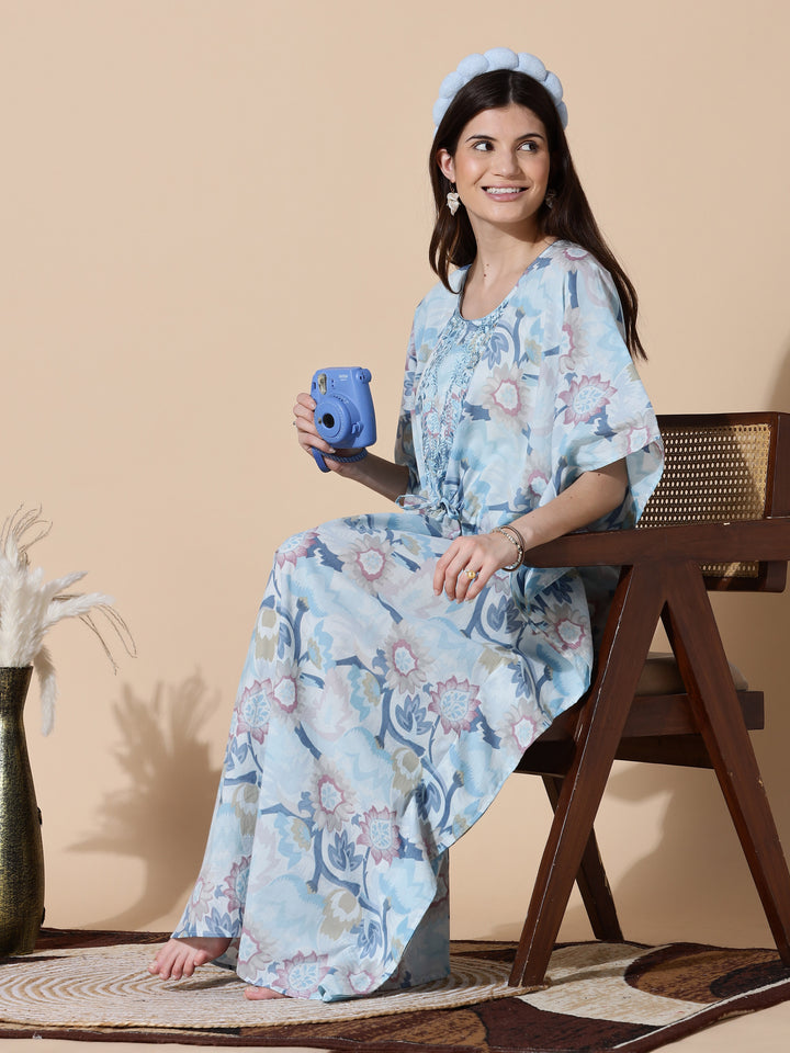 Ice Blue Cotton Kaftan Nighty For Women