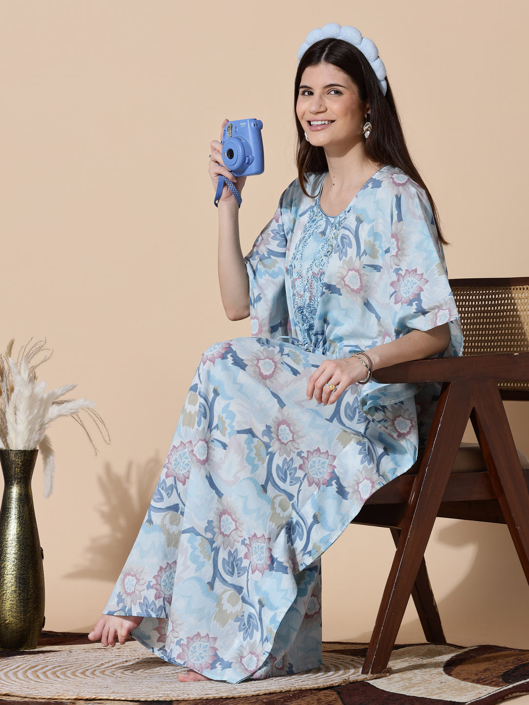 Ice Blue Cotton Kaftan Nighty For Women