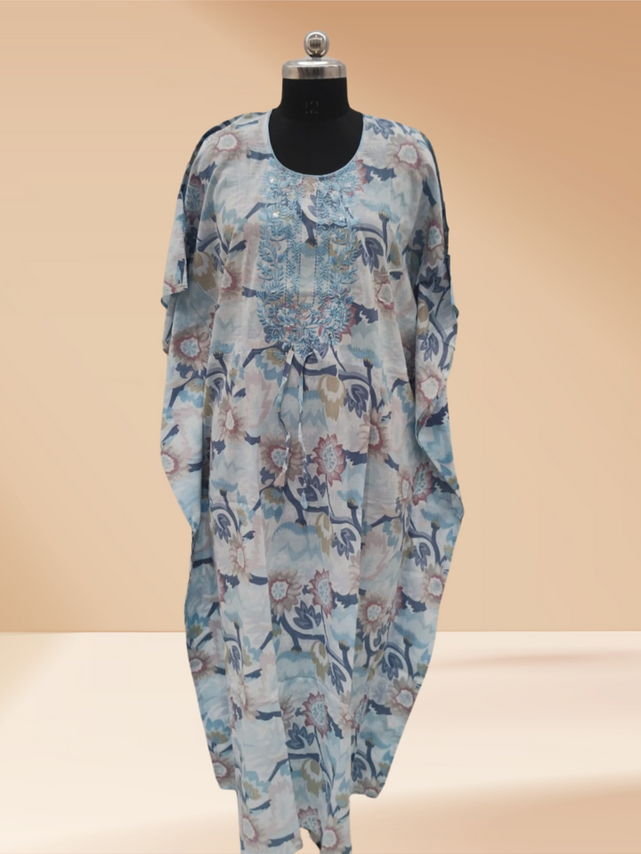 Ice Blue Cotton Kaftan Nighty For Women