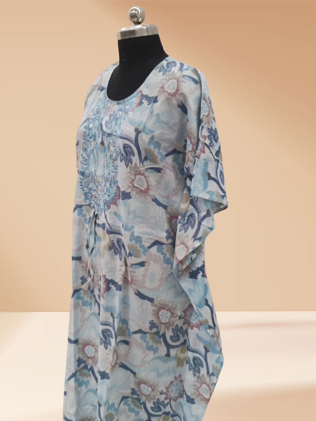 Ice Blue Cotton Kaftan Nighty For Women