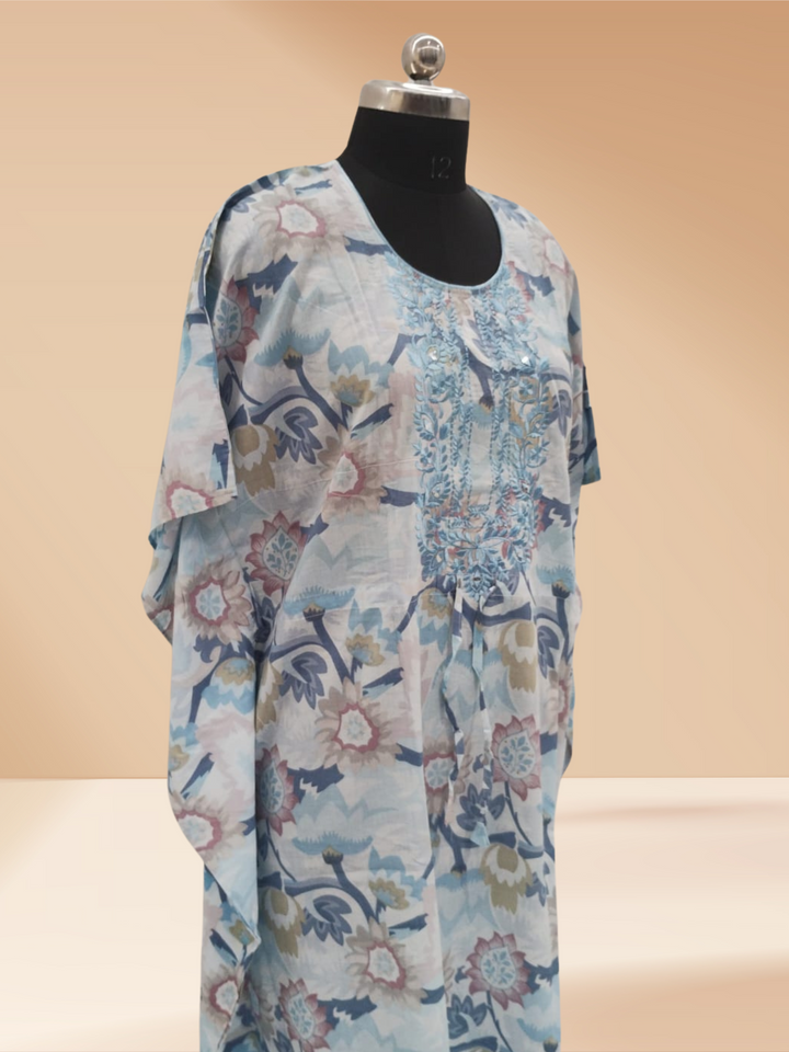 Ice Blue Cotton Kaftan Nighty For Women