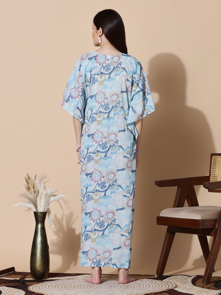 Ice Blue Cotton Kaftan Nighty For Women