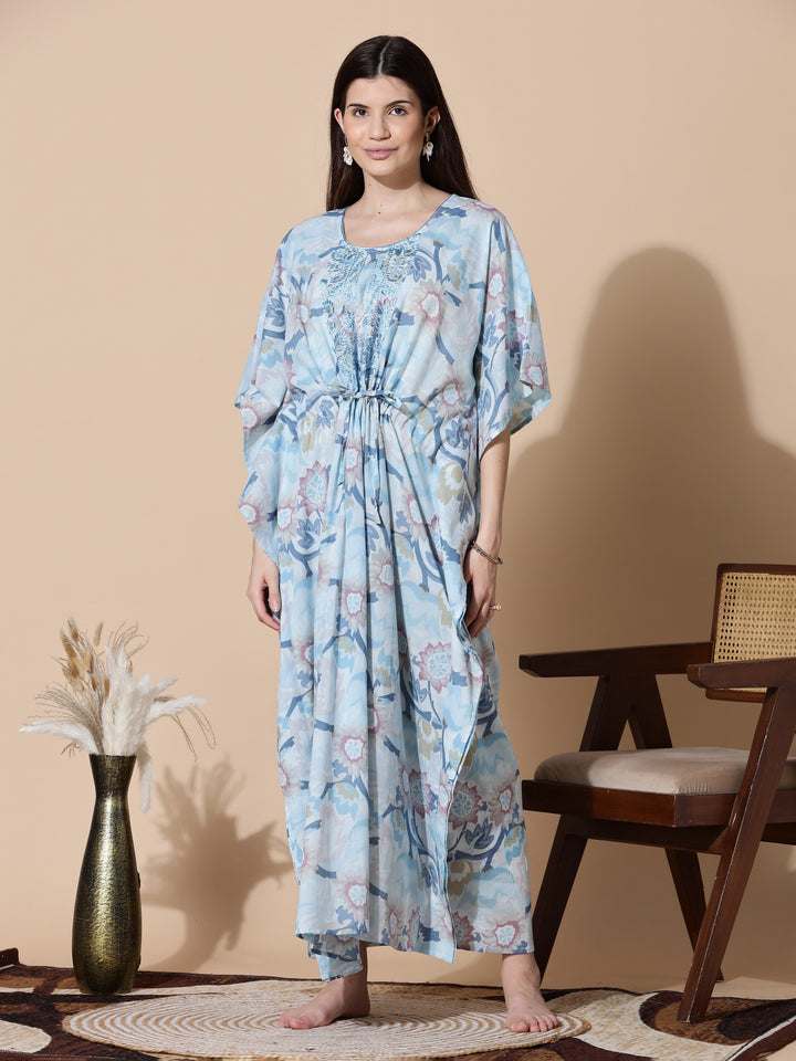 Ice Blue Cotton Kaftan Nighty For Women