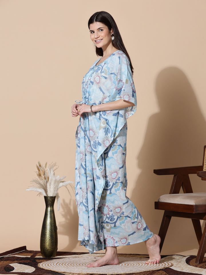 Ice Blue Cotton Kaftan Nighty For Women