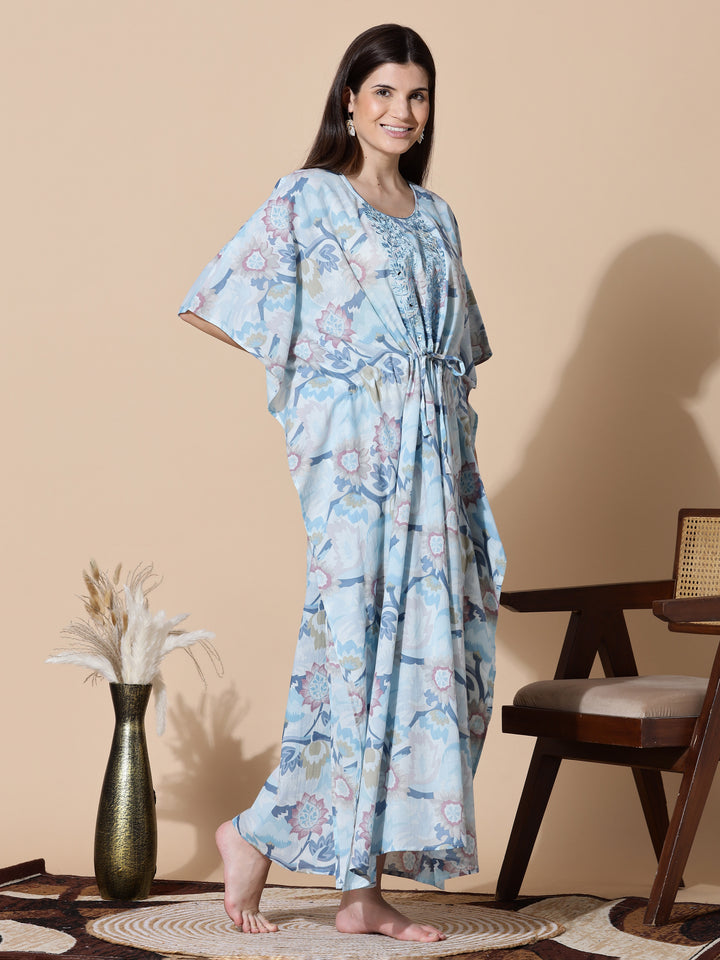 Ice Blue Cotton Kaftan Nighty For Women