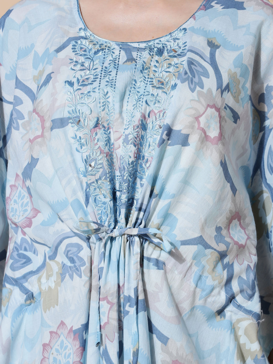 Ice Blue Cotton Kaftan Nighty For Women