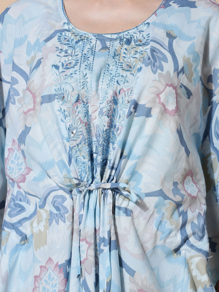 Ice Blue Cotton Kaftan Nighty For Women