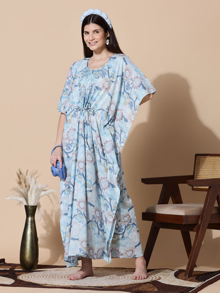 Ice Blue Cotton Kaftan Nighty For Women