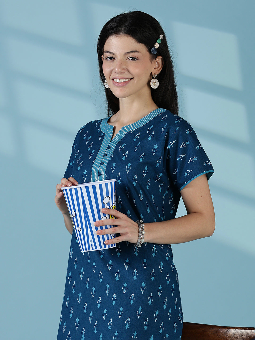 Ikat print a line relaxed fit cotton nighty dress for women