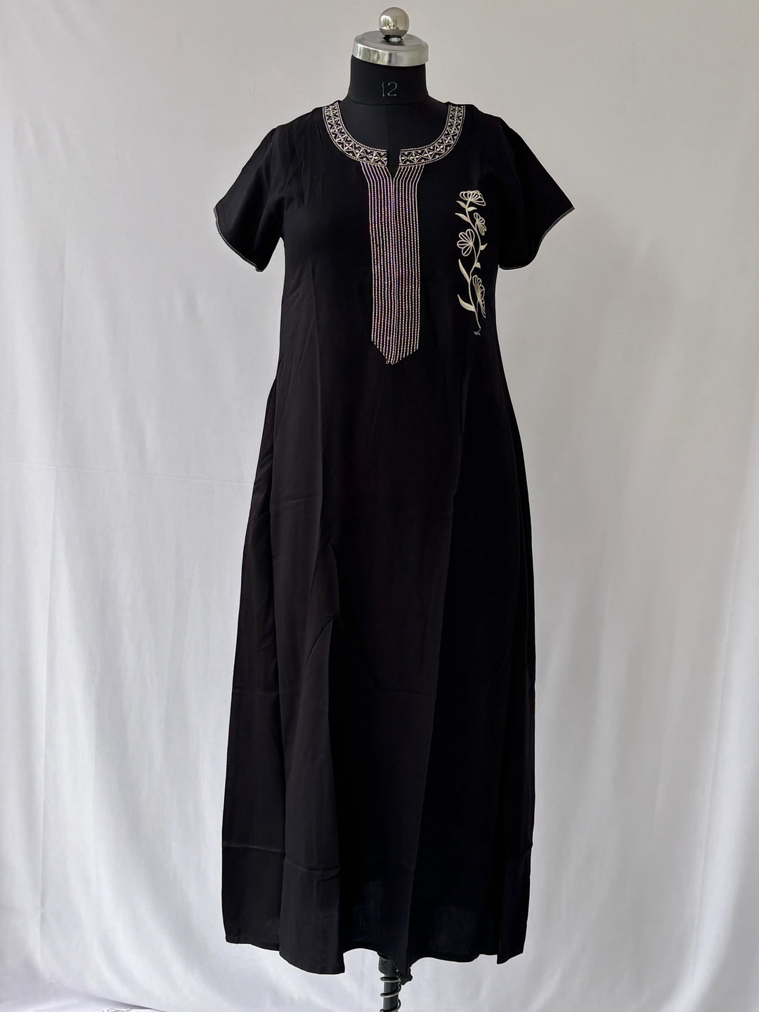 Charm Black Alpine Designer Nighty for Women with Pintuck Embroidery
