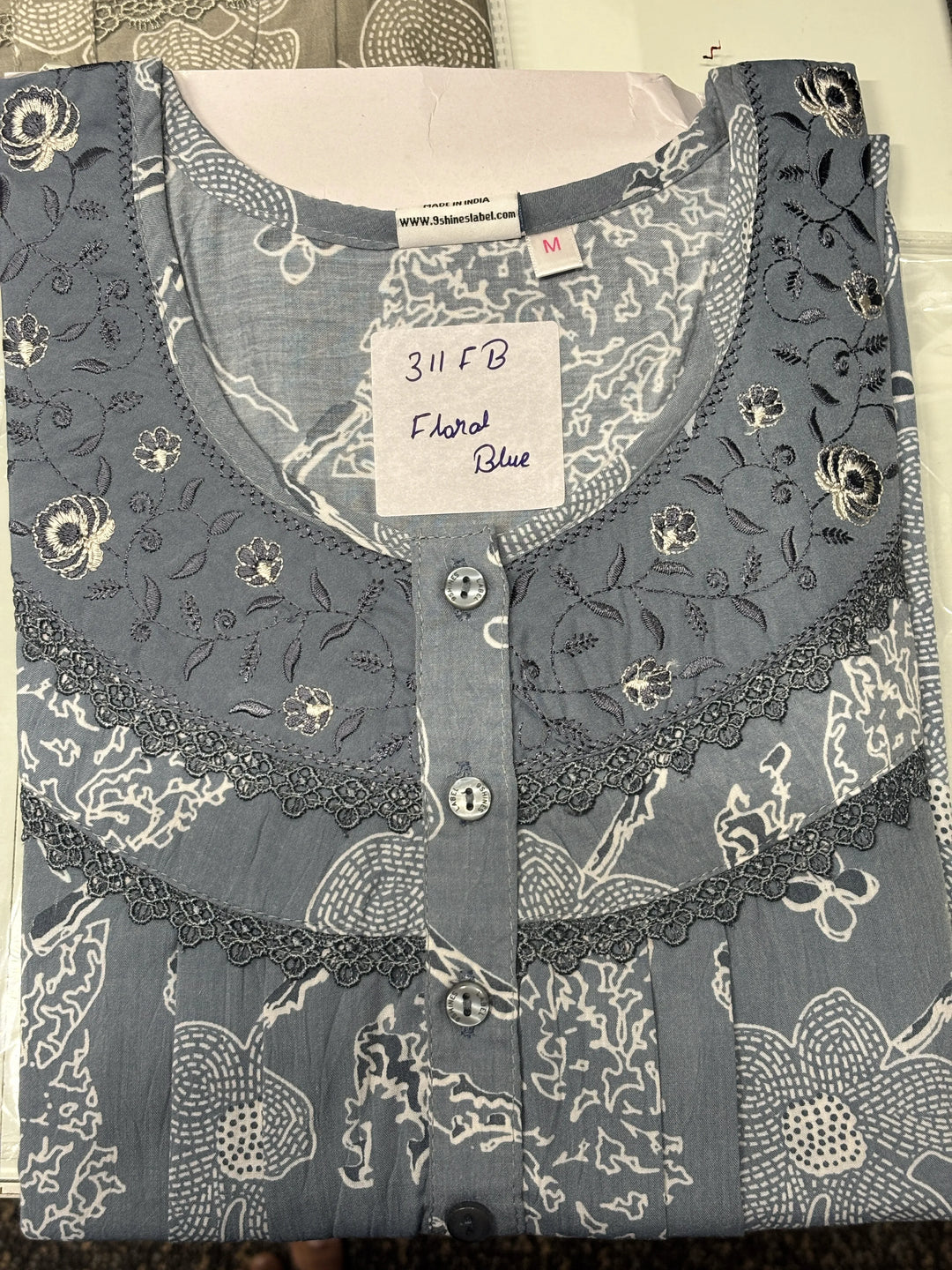 Blue Floral Crush Cotton Designer Nighty with Pleated Comfort Fit