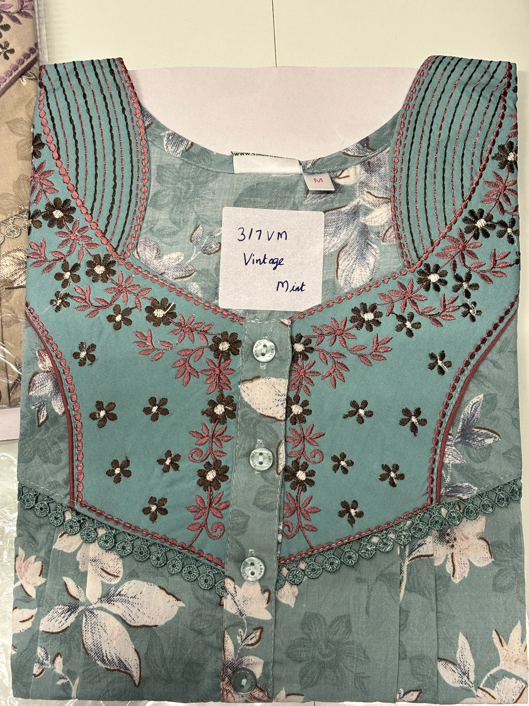 Vintage Mint Floral Crush Cotton Nighty for Women with Buttons