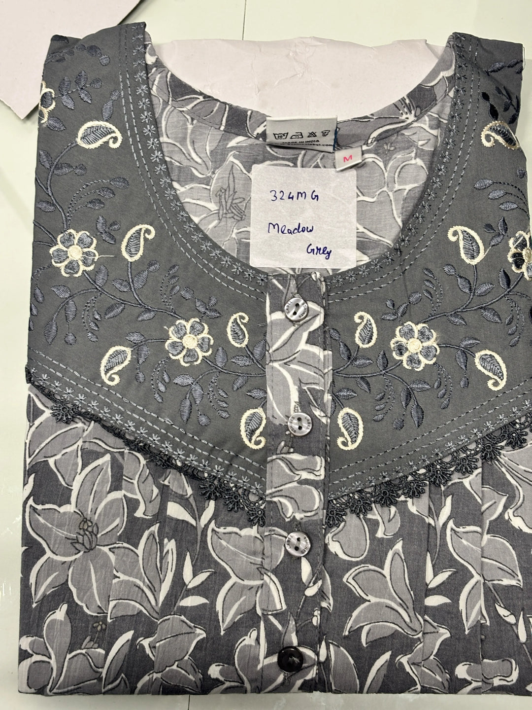 Grey Floral Crush Cotton Designer Nighty with Relaxed Fit