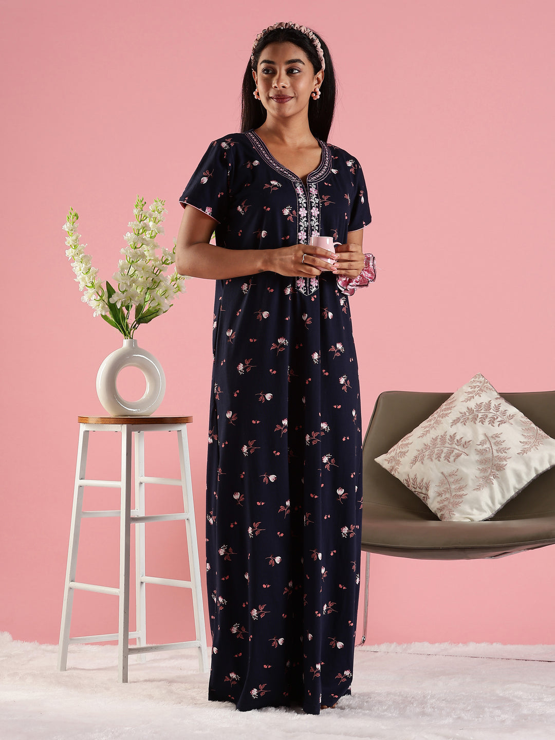 Indigo Nave Hosiery Cotton Nighty For Women with Zip and Pocket