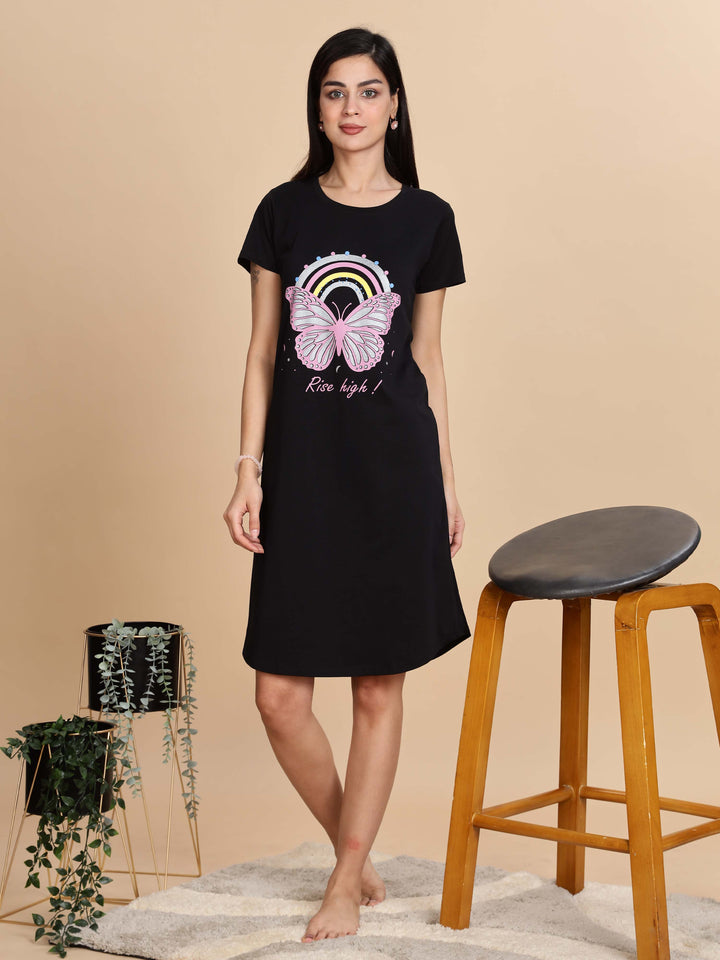 Jet Black Cotton Printed Short Nightdress for Women