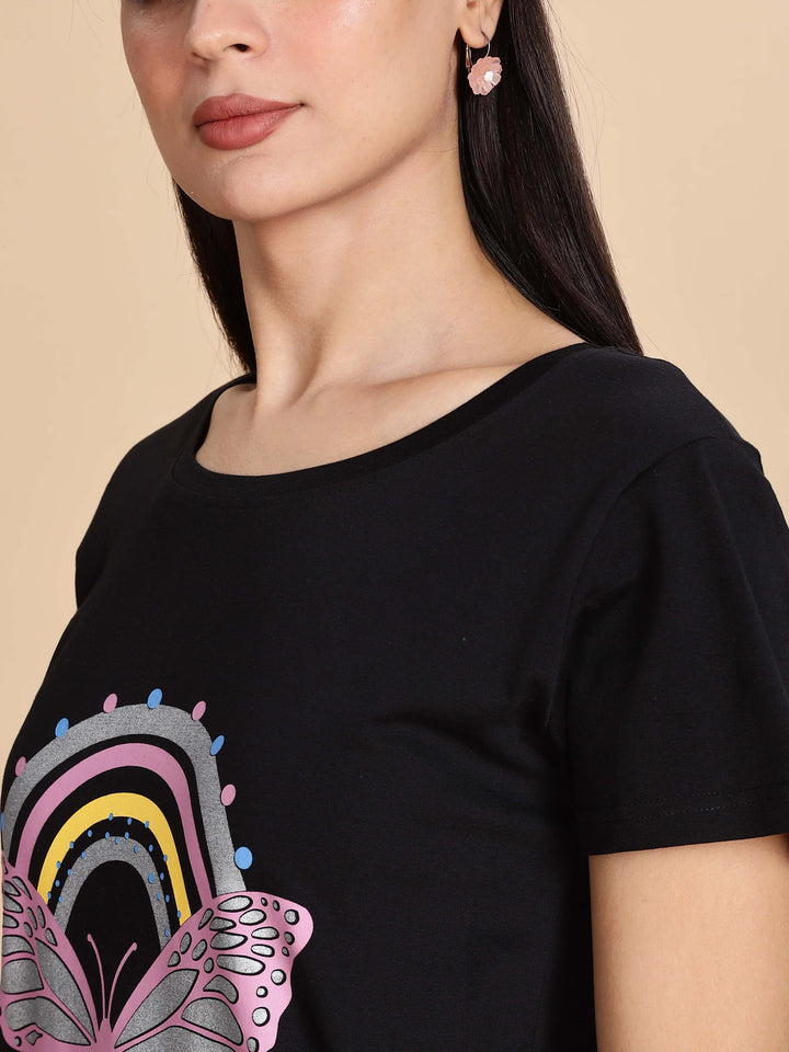 Jet Black Cotton Printed Short Nightdress for Women