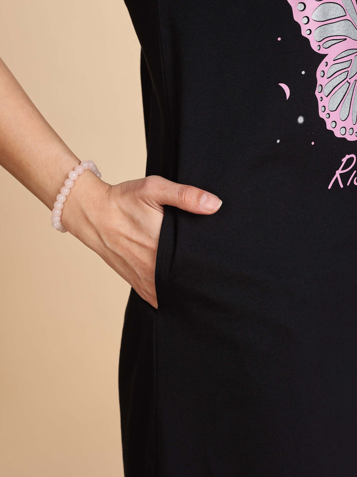 Jet Black Cotton Printed Short Nightdress for Women