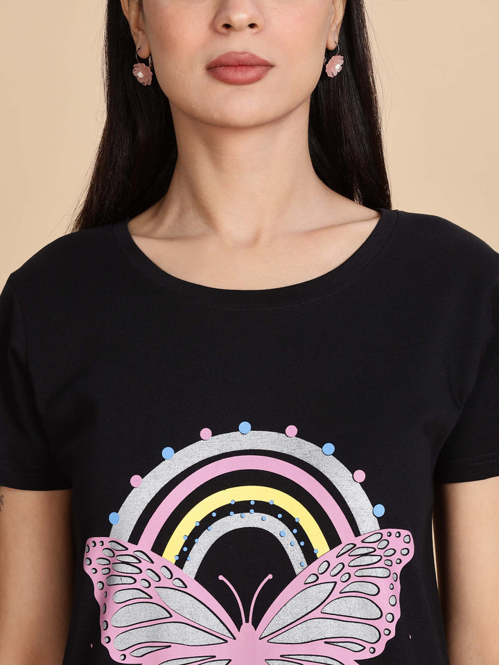 Jet Black Cotton Printed Short Nightdress for Women