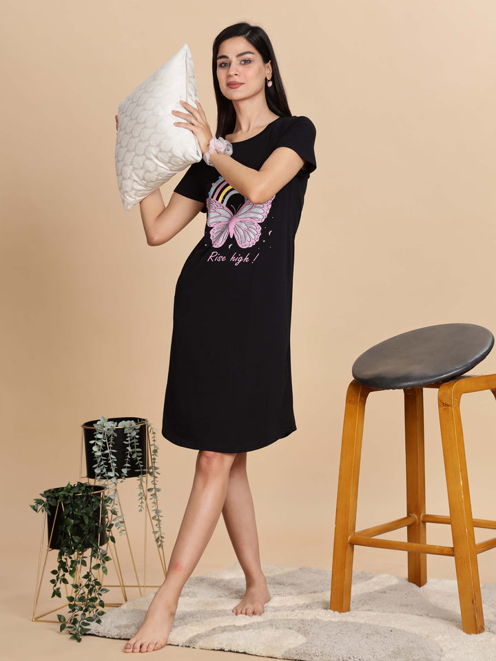 Jet Black Cotton Printed Short Nightdress for Women