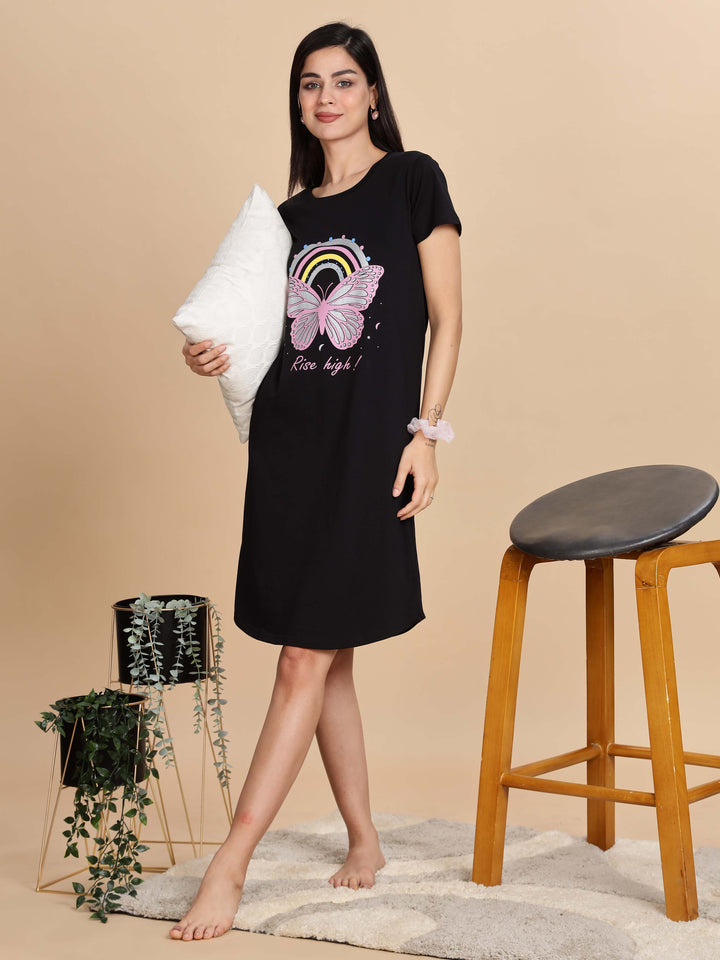Jet Black Cotton Printed Short Nightdress for Women