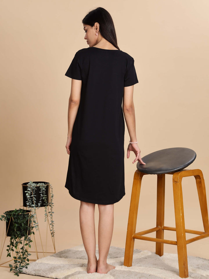 Jet Black Cotton Printed Short Nightdress for Women