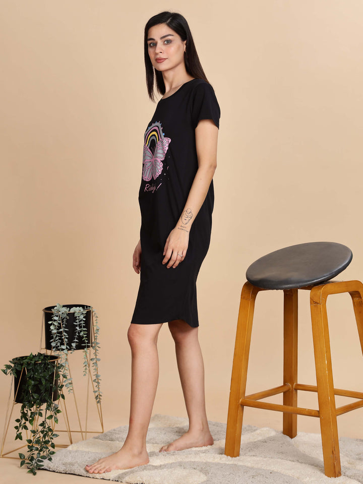 Jet Black Cotton Printed Short Nightdress for Women