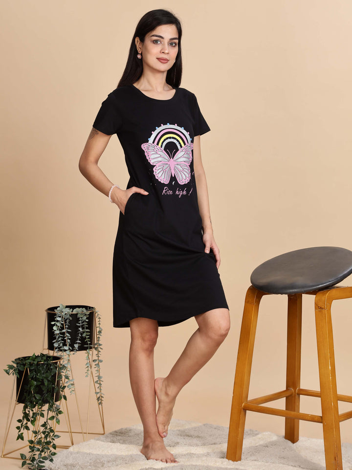 Jet Black Cotton Printed Short Nightdress for Women