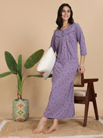 Lavender Floral Cotton Blend Nighty for Women with Pleated Yoke