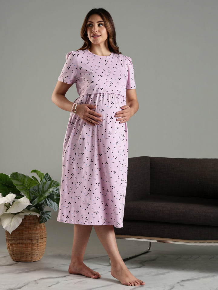 Lavender Cozy Zipless Maternity Feeding Nighty for Women