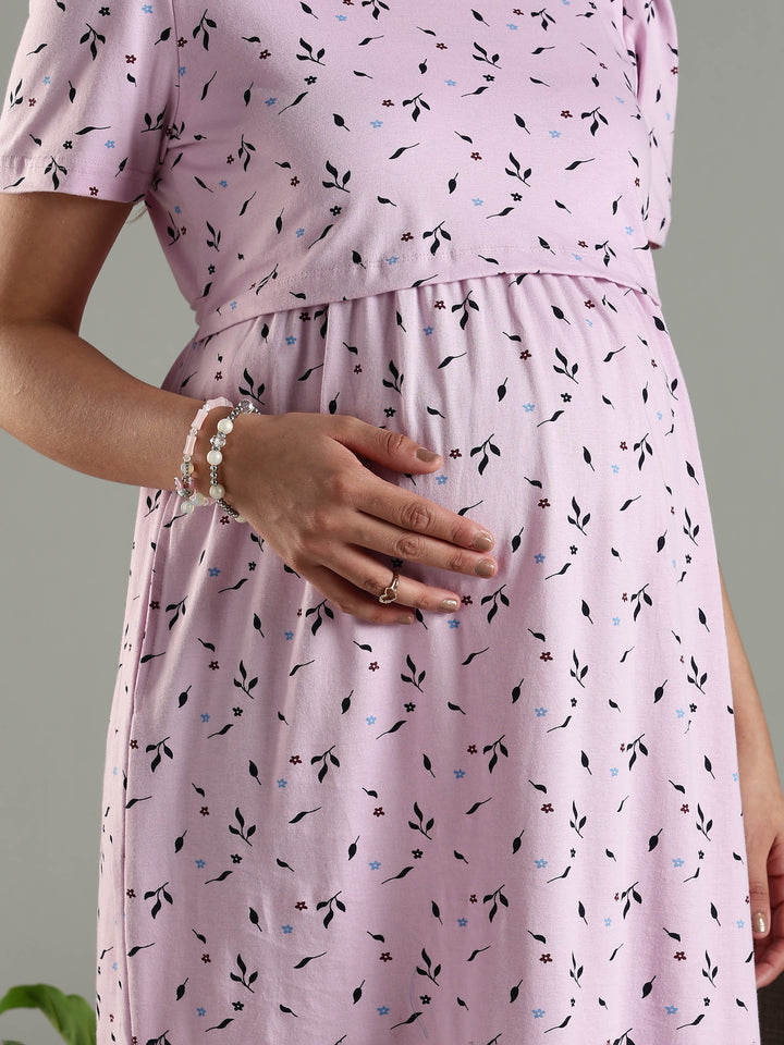 Lavender Cozy Zipless Maternity Feeding Nighty for Women