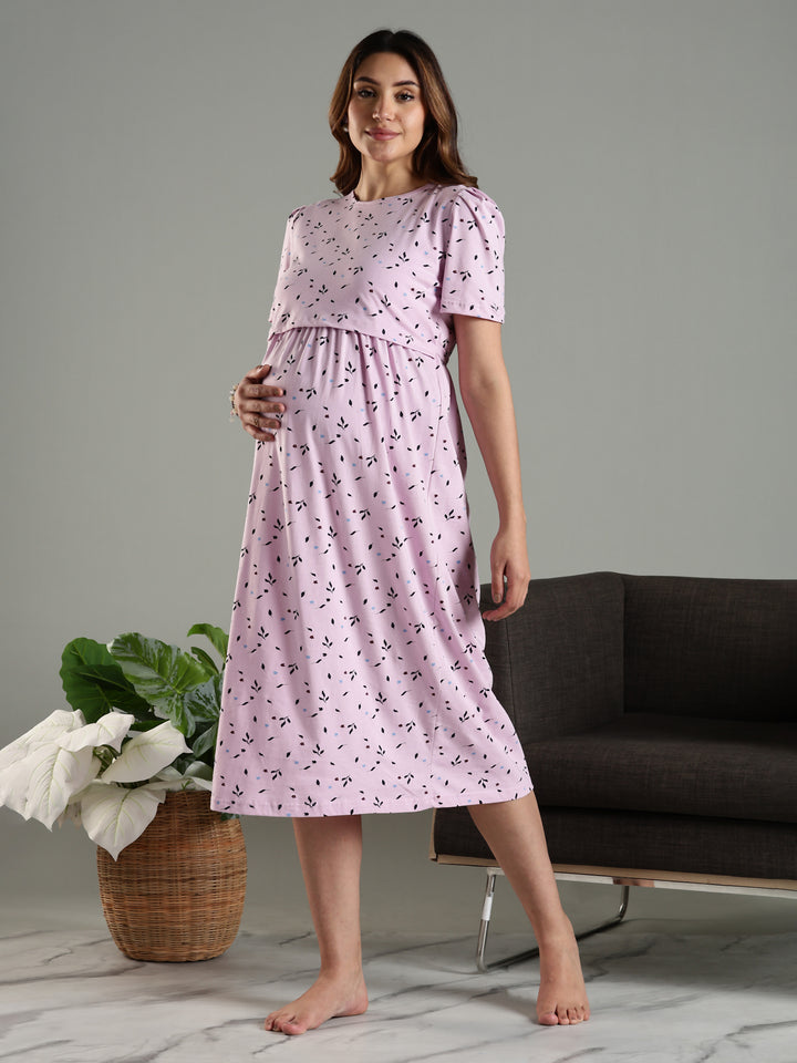Lavender Cozy Zipless Maternity Feeding Nighty for Women