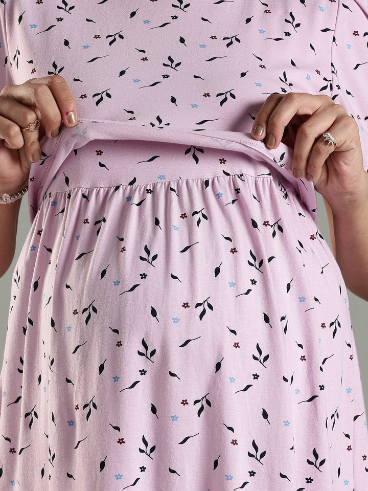 Lavender Cozy Zipless Maternity Feeding Nighty for Women