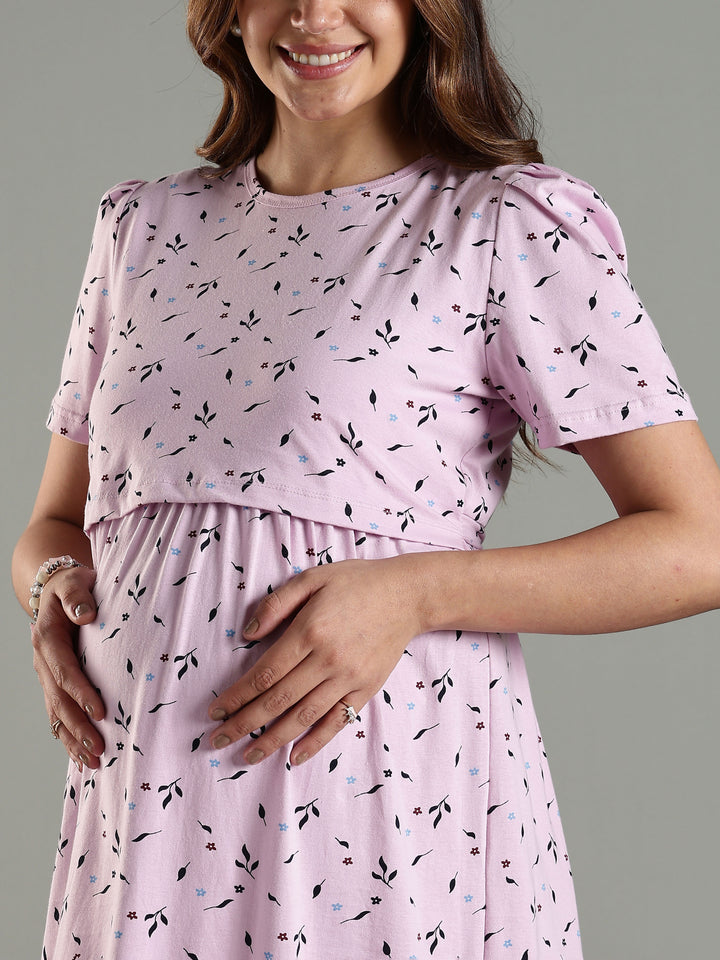 Lavender Cozy Zipless Maternity Feeding Nighty for Women