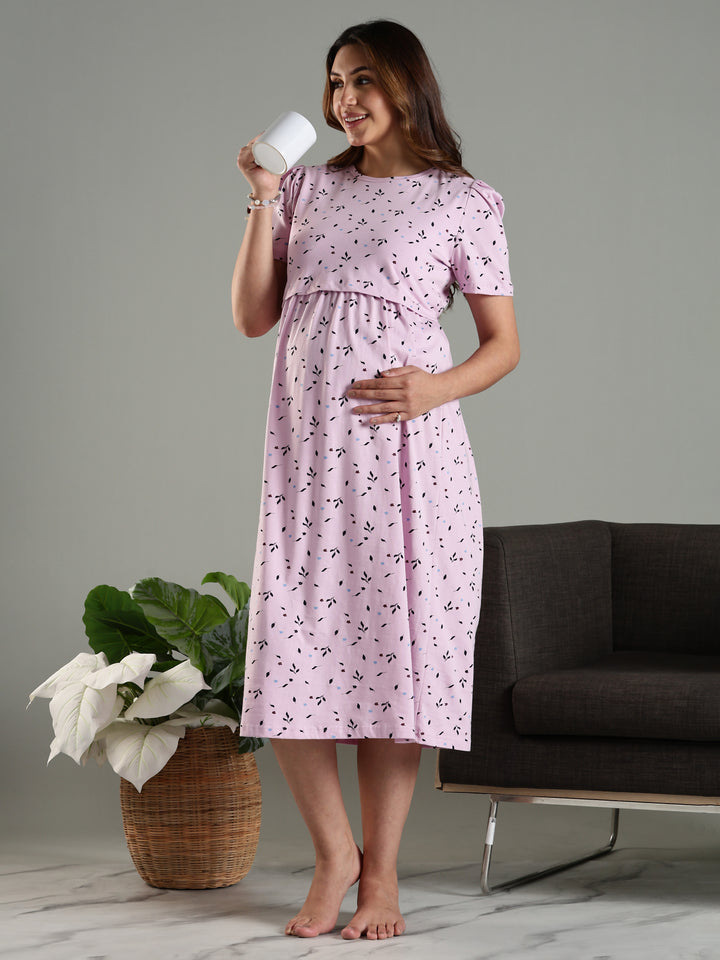 Lavender Cozy Zipless Maternity Feeding Nighty for Women