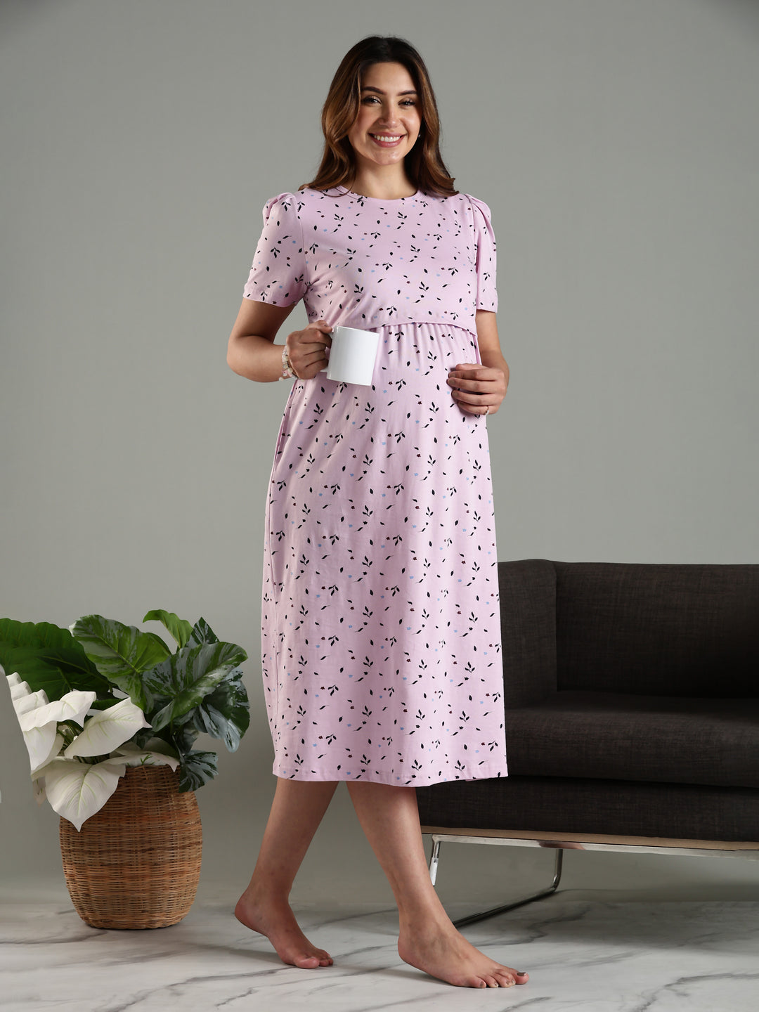 Lavender Cozy Zipless Maternity Feeding Nighty for Women