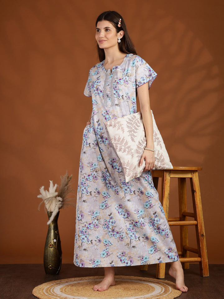 Lavender Floral Pure Cotton Nighty for Ladies