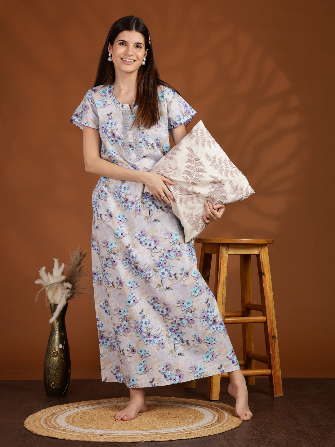 Lavender Floral Pure Cotton Nighty for Ladies