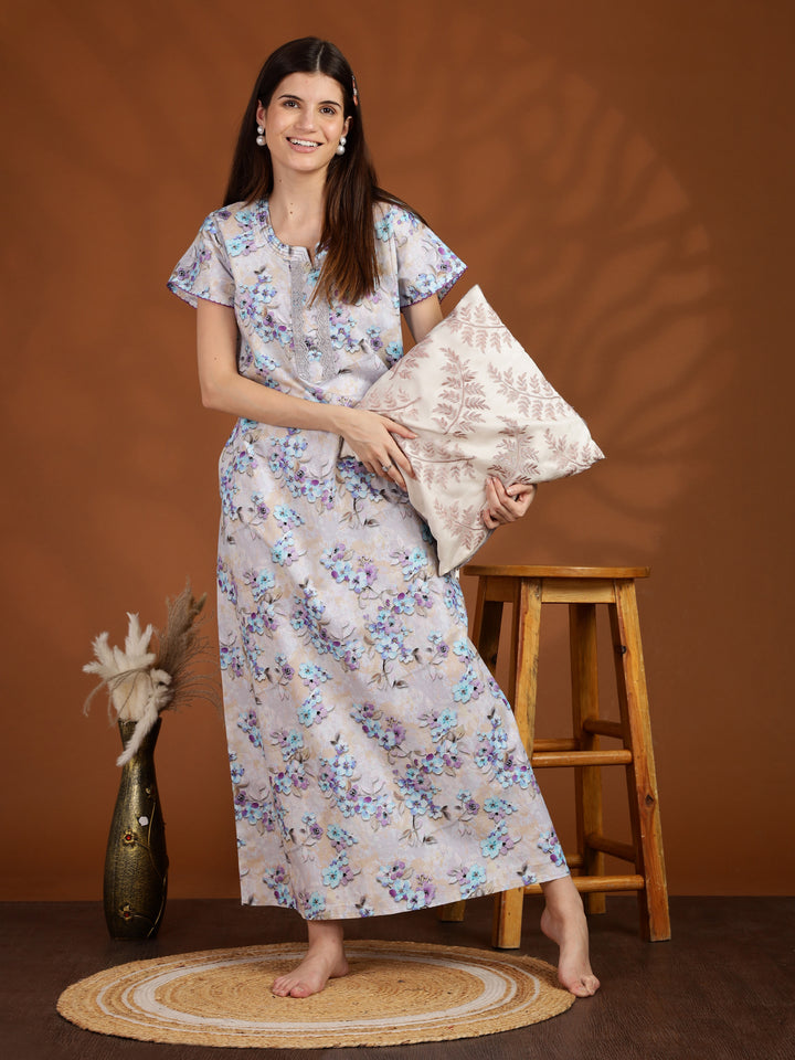 Lavender Floral Pure Cotton Nighty for Ladies