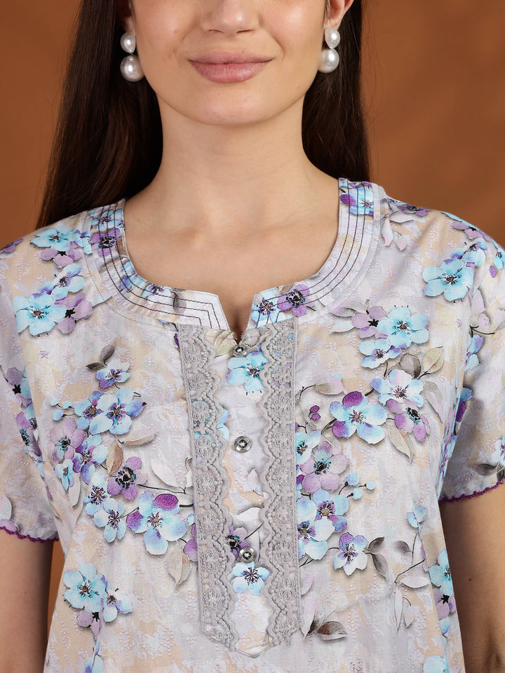 Lavender Floral Pure Cotton Nighty for Ladies