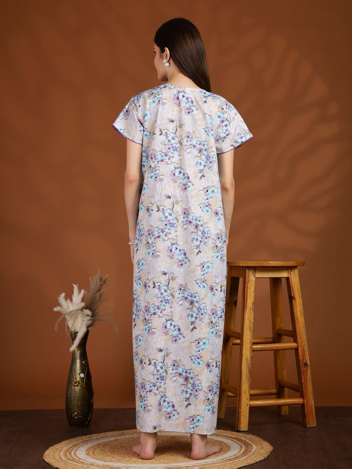 Lavender Floral Pure Cotton Nighty for Ladies