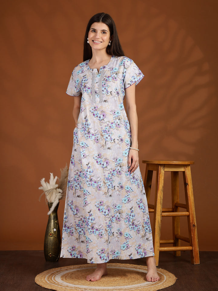 Lavender Floral Pure Cotton Nighty for Ladies