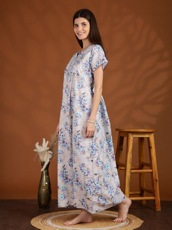 Lavender Floral Pure Cotton Nighty for Ladies