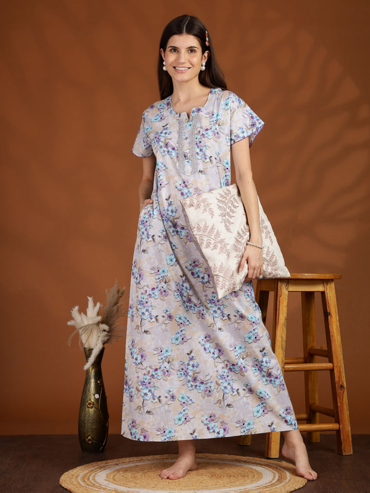 Lavender Floral Pure Cotton Nighty for Ladies