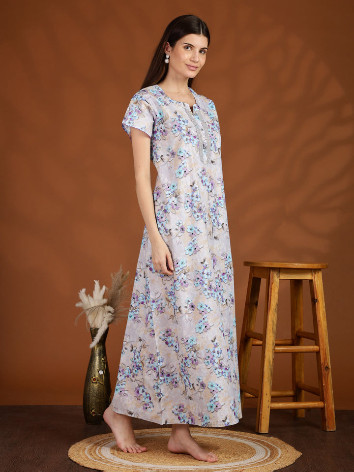 Lavender Floral Pure Cotton Nighty for Ladies