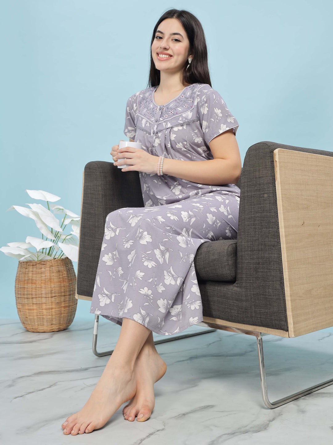 Chic Lavender Pleated Design Front Open Nighty For Women