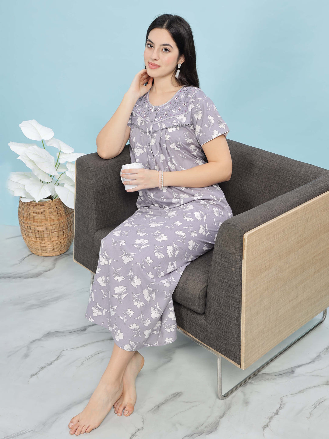 Chic Lavender Pleated Design Front Open Nighty For Women