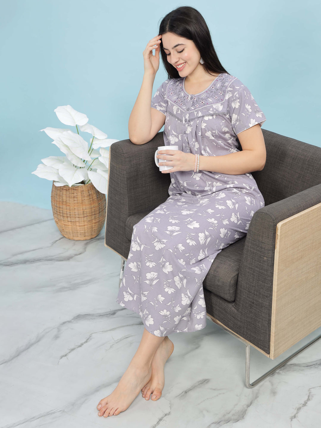 Chic Lavender Pleated Design Front Open Nighty For Women