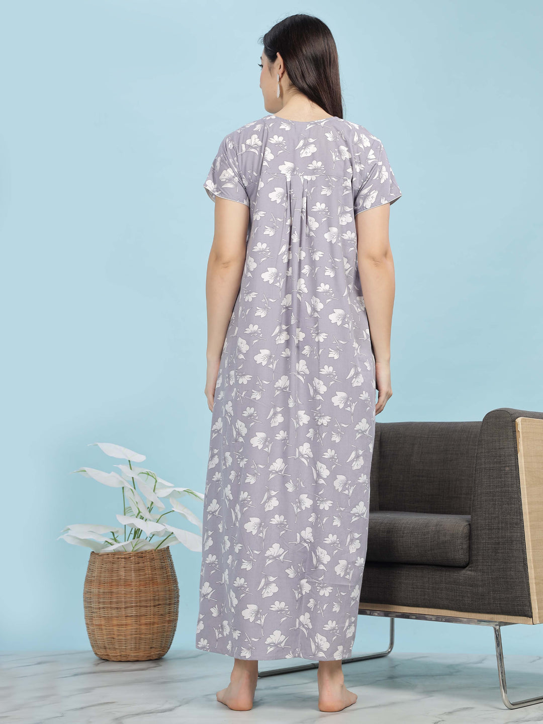 Chic Lavender Pleated Design Front Open Nighty For Women