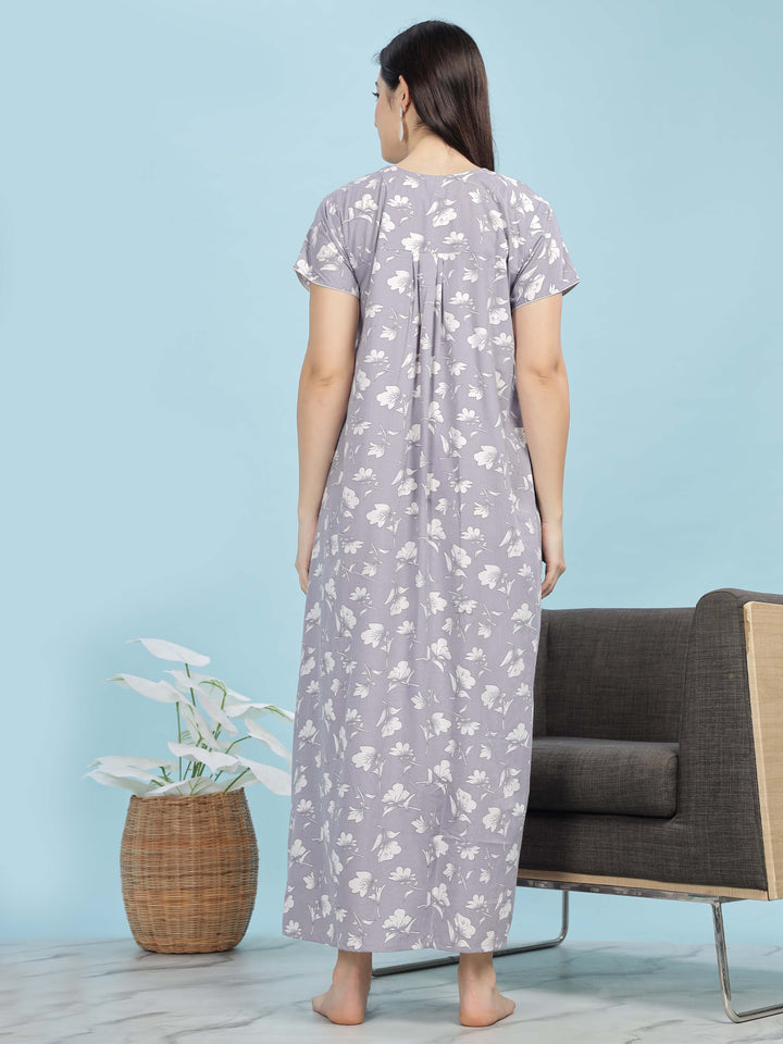 Chic Lavender Pleated Design Front Open Nighty For Women